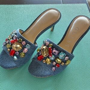 New in box Guess Women's Denim Heels with Colorful Embellishments